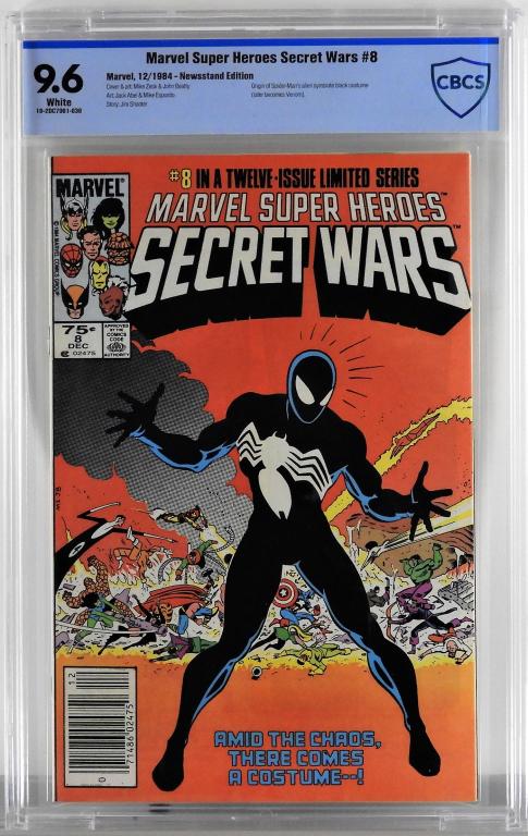 Marvel Super Heroes Secret Wars #8 CBCS 9.6: United States.1984 Marvel Comics Marvel Super Heroes Secret Wars issue 8 from December, 1984. The book featured the origin of Spider-Man's alien symbiote black costume who later becomes Venom and is a
