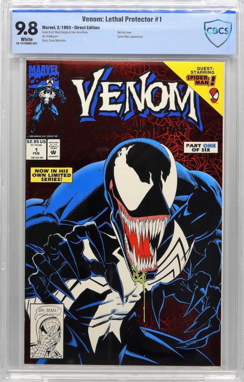 Marvel Comics Venom: Lethal Protector #1 CBCS 9.8: United States.1993 Marvel Comics Venom: Lethal Protector issue 1 from February, 1993. The book featured a red foil cover and Spider-Man appearance. CBCS 9.8 w/ White Pages CBCS case 13" x 8 1/4"