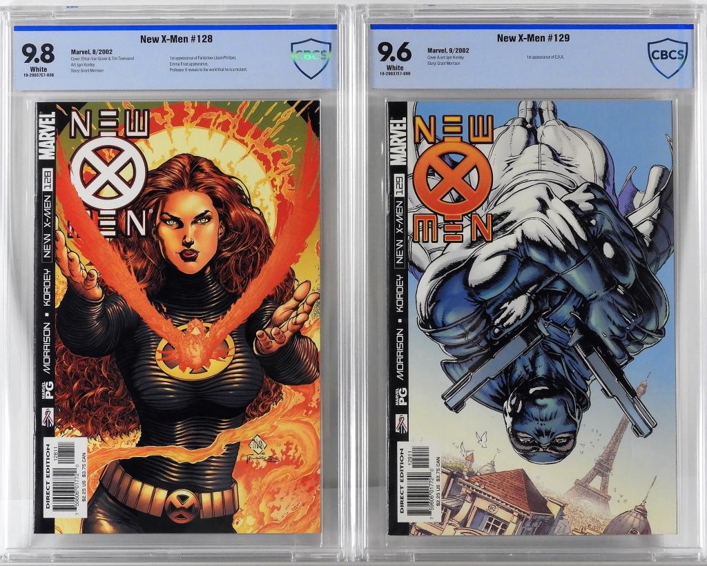 Marvel Comics New X-Men #128 #129 CBCS 9.8 9.6: United States.2002 Group includes Marvel Comics New X-Men issues 128 and 129 from August-September, 2002. Issue 128 featured the first appearance of Fantomex and 129 the first appearance of E.V.A. #12