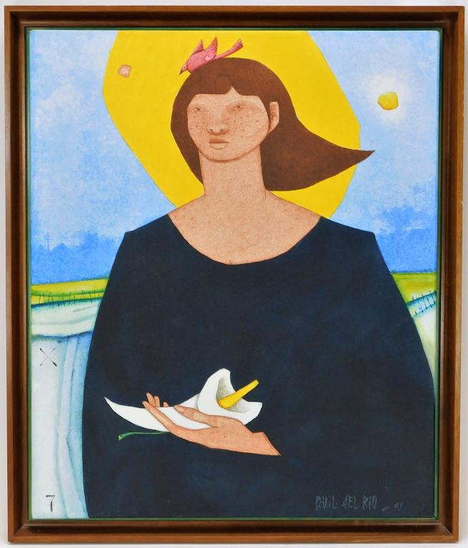 Paul Del Rio Modernist Portrait of a Girl Painting: Paul Del Rio Venezuela,b.1943 Del Rio combines modernism, cubism, and surrealism to create complex works like this image of a young girl holding a lily in one hand while a pink bird perches on top of 