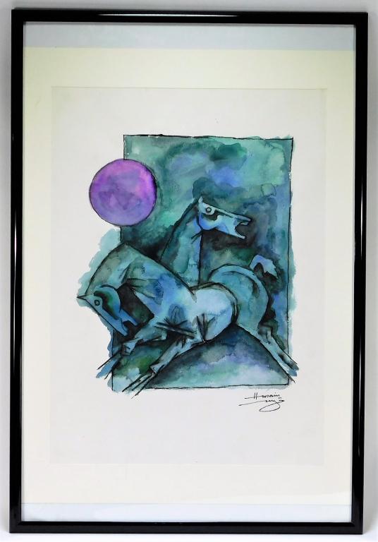 Maqbool Fida Hussain Cubist Horse WC Painting: Maqbool Fida Hussain India, England,1913-2011 Figures of two blue horses galloping beneath a monochromatic sky with purple sun. Dubbed as the "Picasso of India," Hussain started off painting billboard