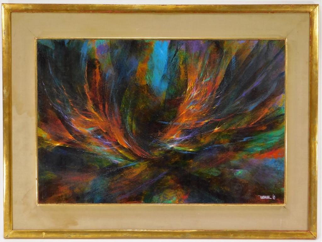 Leonardo Nierman Abstract Expressionist Painting: Leonardo NiermanNew York, Mexico,b.1932 Untitled abstract expressionist composition of vibrant blue, orange, purple, green, and yellow tones.Oil on masonite,Board 24" x 16",Frame 30" x 23"Signed and d