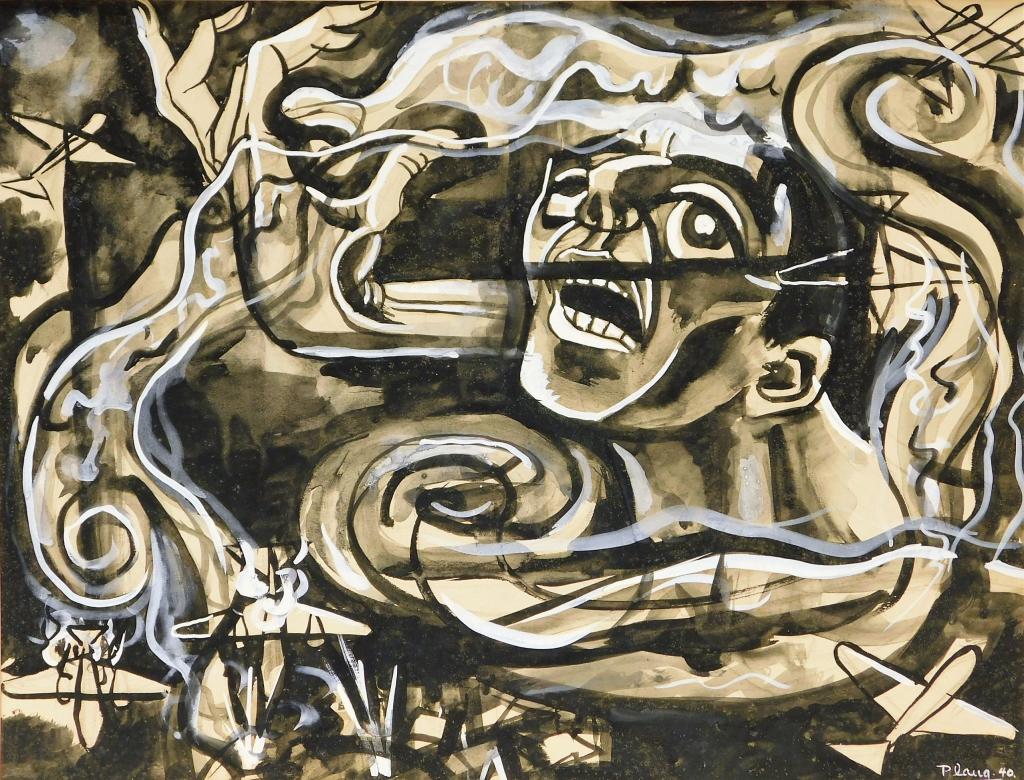 Otto Plaug Modern Surrealist WWII War Ink Drawing: Otto Plaug Jr. New York, Germany,1898-2000 Titled "Doomsday" depicting the face of a man with grotesquely distorted hand batting away planes and smoke. This drawing was removed from a portfolio of 30 