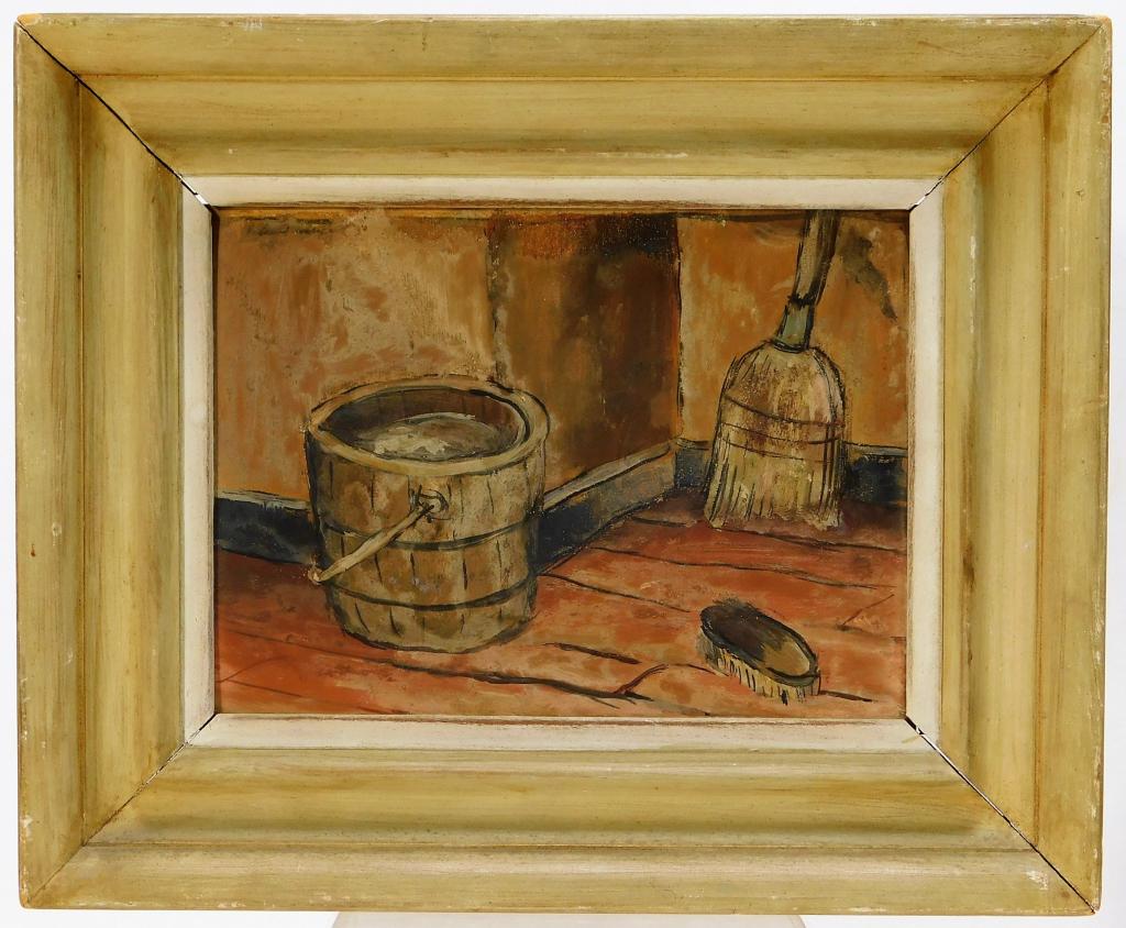 Edward Rosenfeld Home Cleaning Still Life Painting: Edward RosenfeldUnited States,1906-1983 Interior still life of a broom, scrub brush, and bucket of water on the floor of a home. Rosenfeld enjoyed painting scenes from daily life and has work in the c