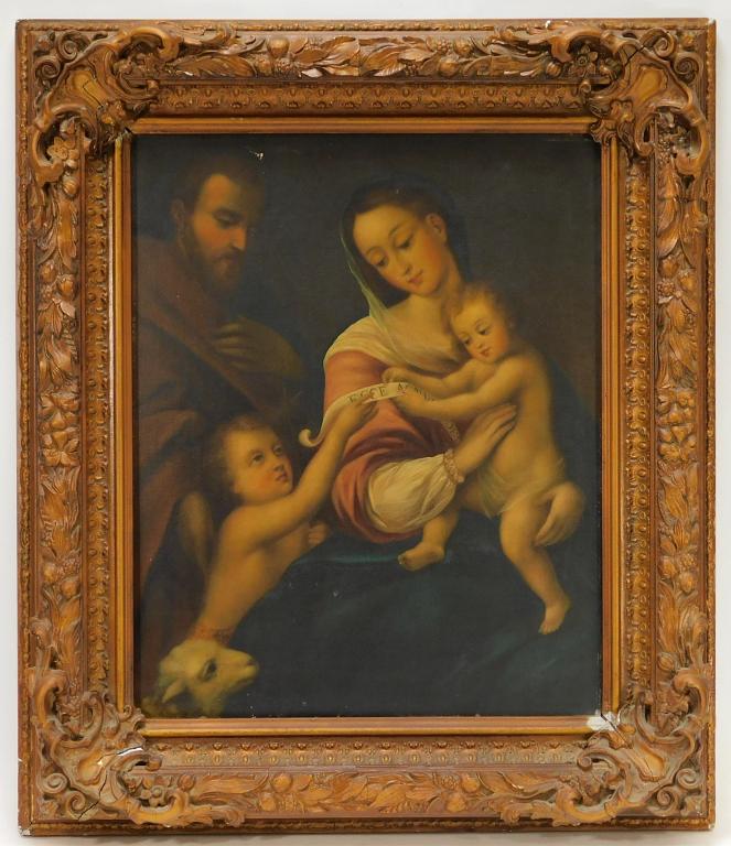 1860 M. E Williams Holy Family Old Master Painting: United States,Dated 1860 Fine depiction of Mary and Joseph holding baby Jesus while baby John the Baptist and a lamb gaze upon the family.Oil on canvas,Canvas 21" x 16 1/2",Frame 28 1/2" x 24 1/2"Canv