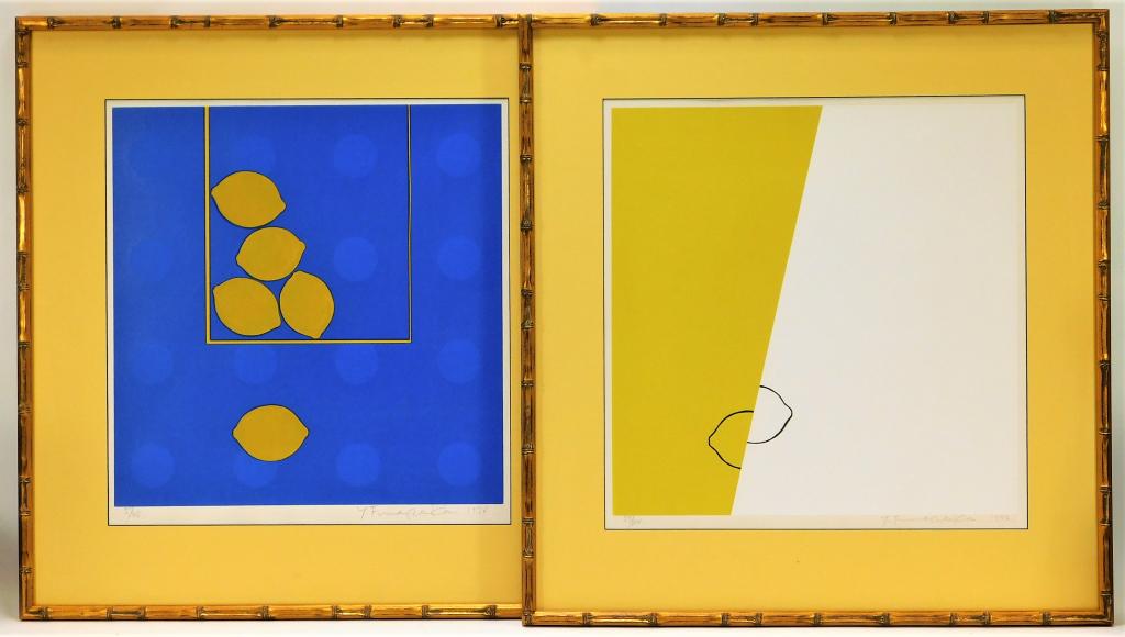 PR Yoshisuke Funasaka Abstract Lemon Prints: Yoshisuke Funasaka Japan,b.1939 Blue lemons, edition 5 of 45, Yellow Lemons, edition 57 of 100. Silkscreen print on paper,Impression area 17" x 16 1/2",Frame 25 1/2" x 24 1/2" Each signed "Y. Funasaka