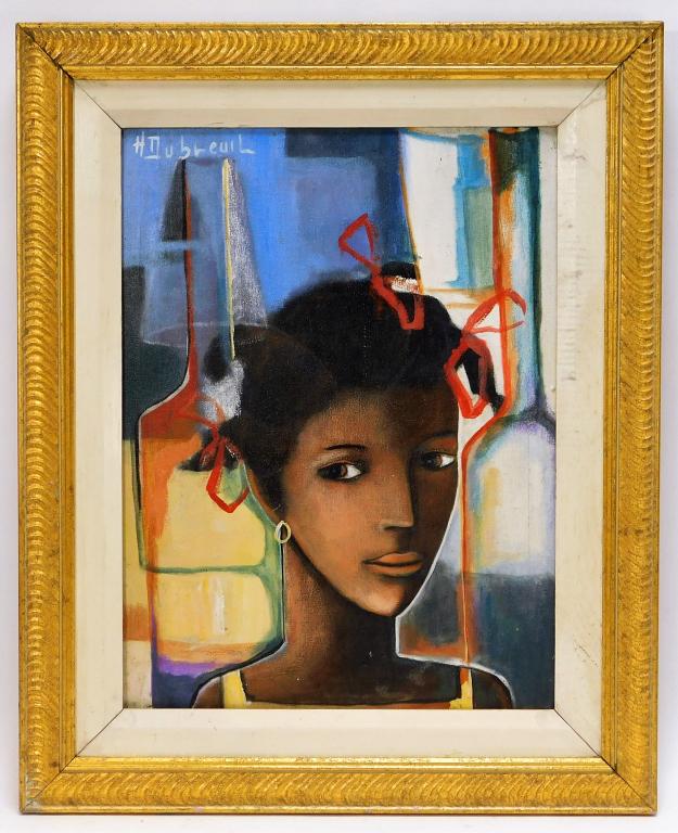 Henry Dubreuil Modern Hatian Portrait Painting: Henry Dubreuil Haiti,1949-1994 Depicts a stylized portrait of a young Haitian woman with red ribbons in her hair. Dubreuil trained at the Centre d'Art and the Foyer des Arts Plastiques with illustrati