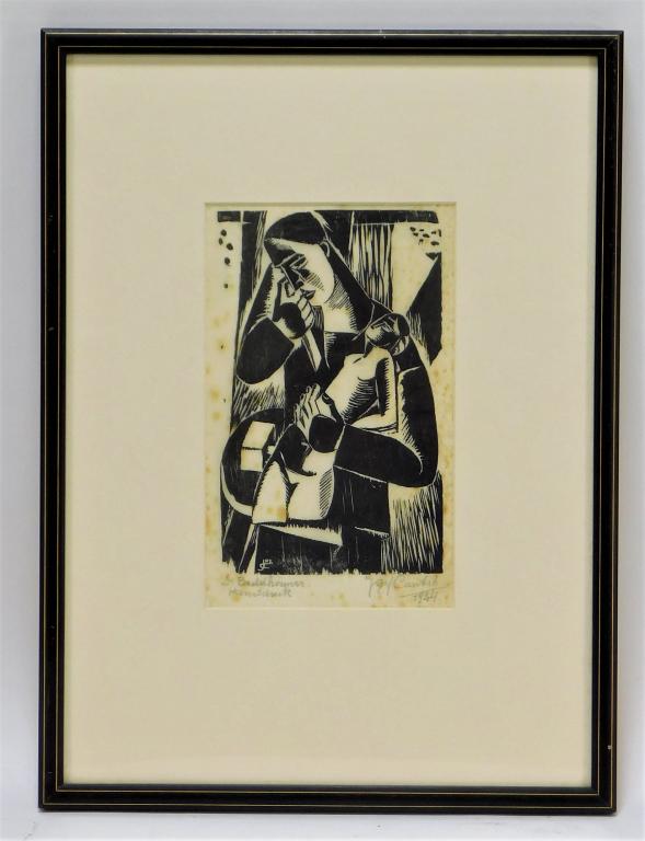 Jozef Cantre Modern Abstract Figural Woodcut: Jozef Cantre Belgium,1890-1957 Jozef Cantre, The Sculptor, 1924, stark contrast and bold shapes create the image of a man cradling a small figure in his arms. Woodcut,Impression area 7 1/4" x 4 1/2",F