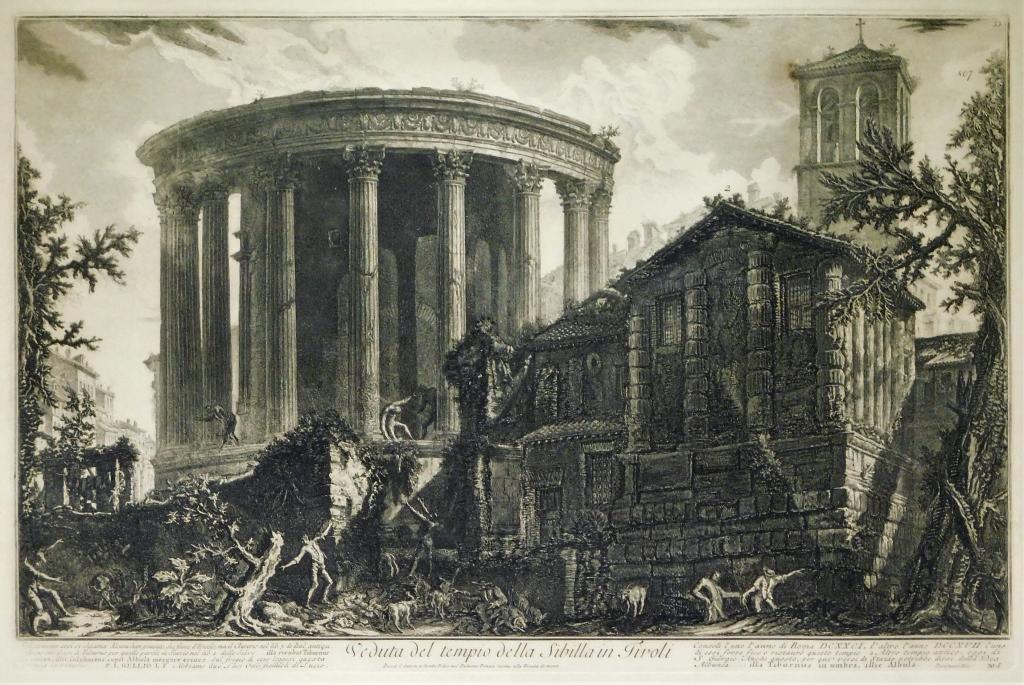 Giovanni Piranesi Temple of Sybil Etching: Giovanni Battista Piranesi Italy,1720-1778 Depicts a large structure surrounded by people with text beneath the image. Piranesi was well known for his etchings of famous locations in Italy. Etching,Im