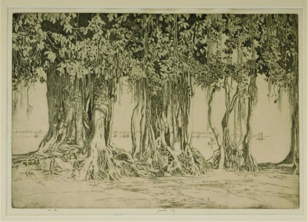 Ernest Lumsden River Trees Landscape Etching: Ernest Stephen Lumsden Scotland,1883-1948 The Banjan Tree, edition 17 of 63, 1927. Etching,Impression area 10" x 15",Frame 15" x 20" Signed "Lumsden" and dated "1927" lower left corner, signed "Lumsde
