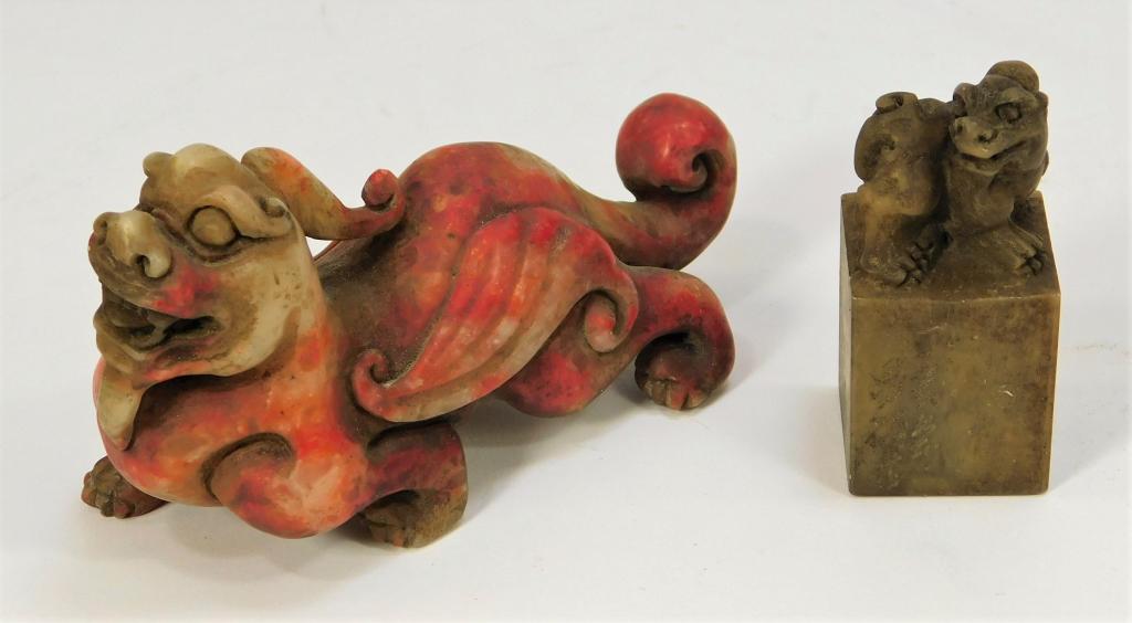 2 Chinese Qing Carved Shoushan Stone Figures: China,Qing Dynasty Includes one chop decorated with a foo dog at the top, and one winged foo beast with a mottled red and brown coloration. Shoushan,Smallest 2" x 1",Largest 2 1/4" x 4 1/4" Both figur