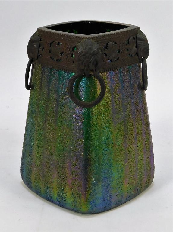 Art Nouveau Owl Bronze Mounted Art Glass Vase: Austria,Early 20th Century Tapered square iridescent vase mounted with a patinated and reticulated grape leaf and vine bronze rim with figural owl head cornerstones and laurel wreath ring handles. Gla