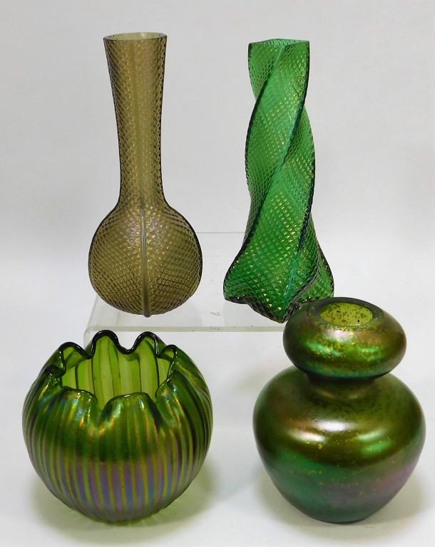 4 Assorted Green Bohemian Art Glass Vases: Bohemia,20th Century Lot includes one Kralik double gourd mica vase, one ruffled squat vase attributed to Loetz, twisted square vase, and a bud vase.Glass,Smallest 4 1/4" x 4 1/2" dia.,Largest 8" x 3