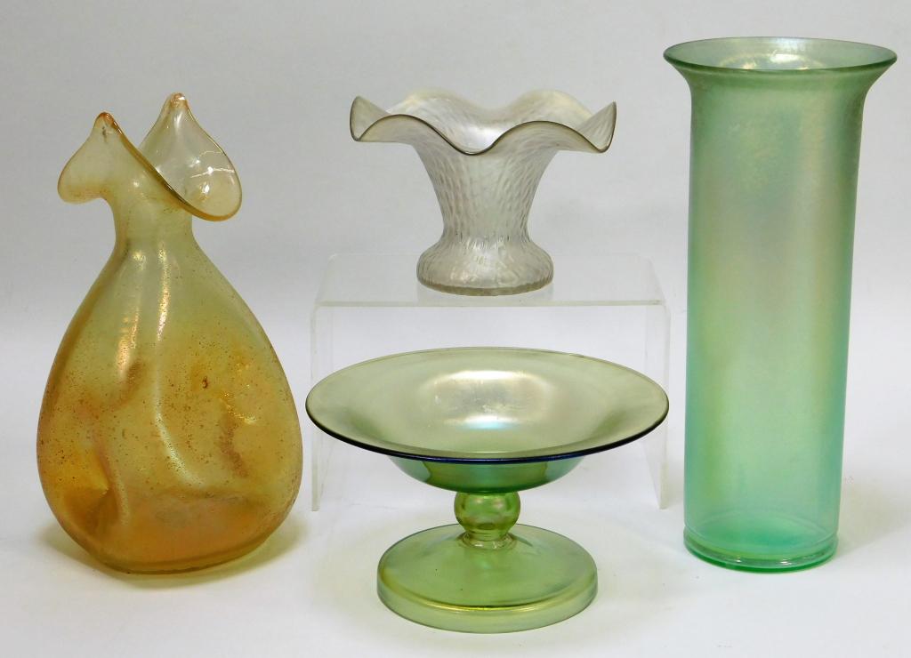 4 Solid Color Bohemian Czech Art Glass Vases: Bohemia,20th Century Lot includes one pale green cylindrical vase, one opalescent squat frill vase, one compote, and a Kralik pinched body glue chip vase. Glass,Smallest 3 3/4" x 5 1/4",Largest 9 3/4"