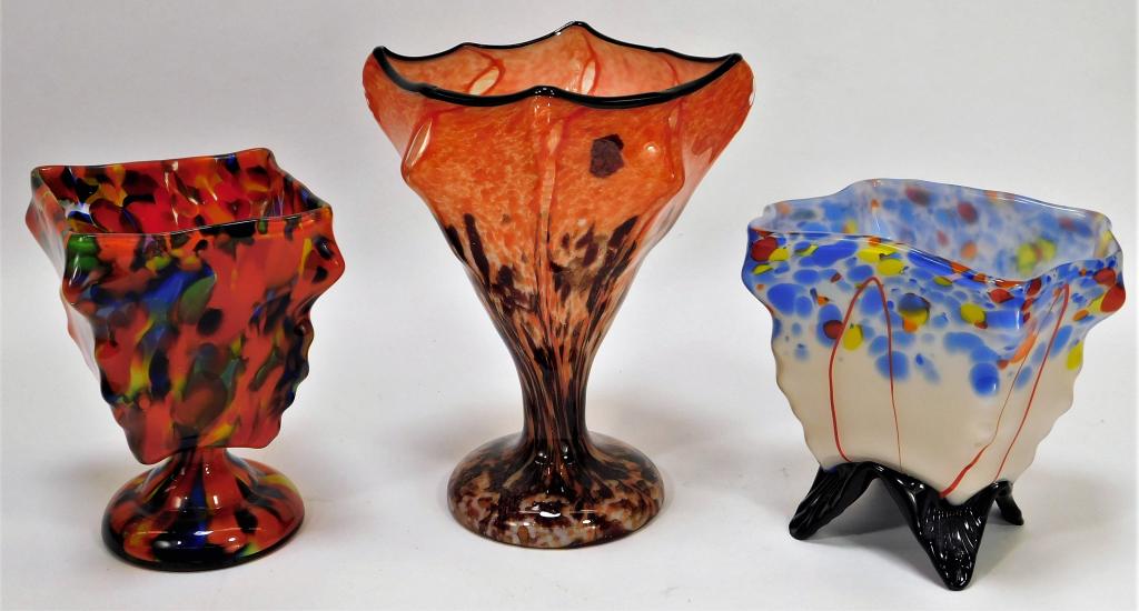3 Kralik Bohemian Czech Art Glass Compotes: Bohemia,20th Century Lot includes one red splatter compote, one brown splatter over orange splatter, and one red lines over blue splatter over white glass black footed compote. Glass,Smallest 5 1/4" x