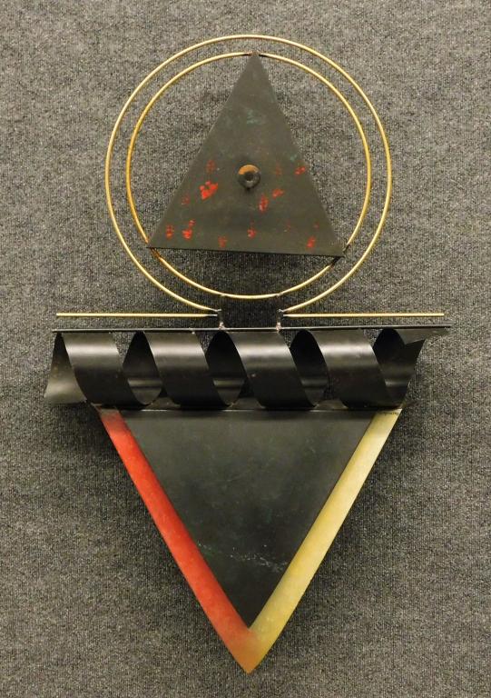 Curtis Jere MCM Hanging Wall Sculpture: Curtis Jere California, China,1910-2008 Geometric kinetic sculpture comprised of circles and triangles. Curtis Jere is the artist name for the duo Curtis Freiler and Jerry Fels who created these home 