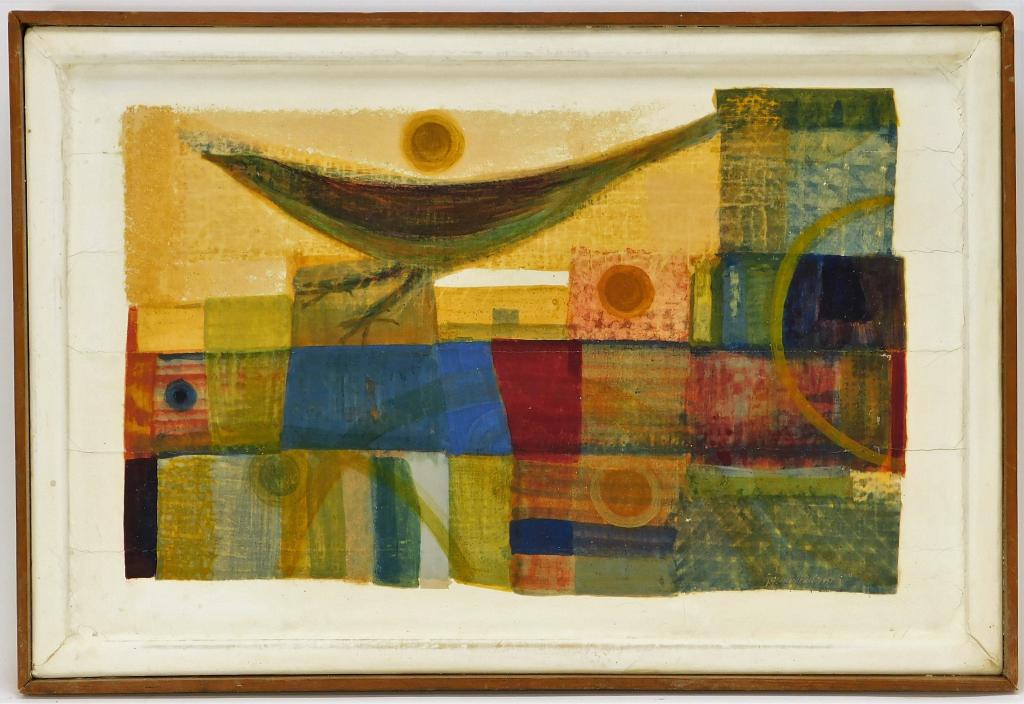 J. G. Marshall Abstract Geometric Bird Painting: J.G. MarshallUnited States,1957 Geometric staggered overlapping square patterns dotted with small circles around a crescent shaped bird.Canvas, plaster, wood, paint,Tile 22 1/4" x 14 3/4",Frame 22 3/4