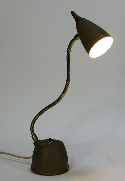Eagle Hi Lite MCM Desk Lamp: United States,20th Century Gooseneck desk lamp with textured tan finish to the base and shade. The base features a pull tab to mount the lamp on the wall. Metal, glass,16 1/2" x 3 1/2" dia., Label mar