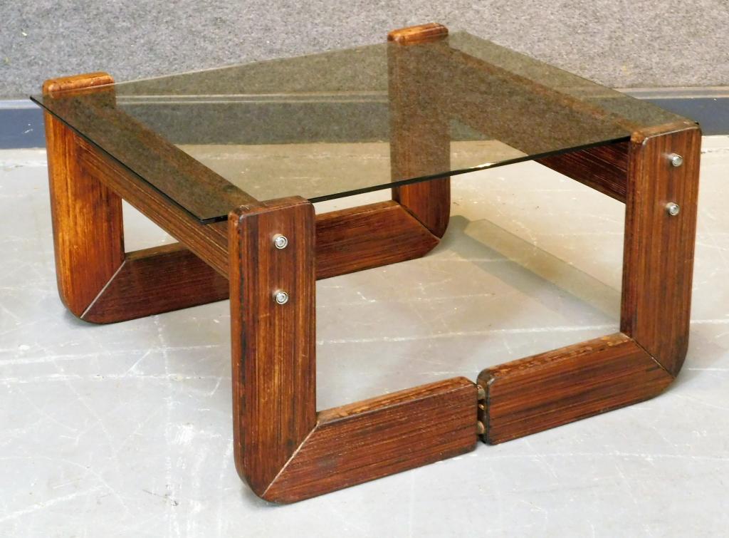 Percival Lafer MCM Rosewood Side Table: Percival LaferBrazil,20th Century Rectangular glass top over interlocking segmented wood base.Wood, glass,13" t x 25 1/2" w x 22" d,Marked "Lafer" on side.From the collection of a Cranston, Rhode Isla
