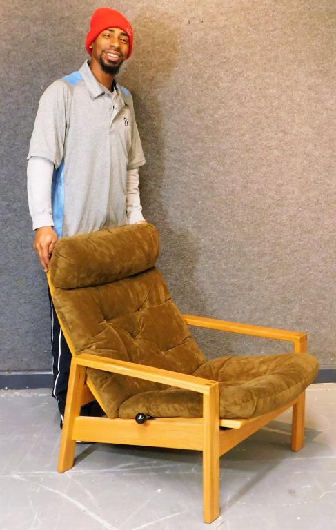 Design Environment Reclining Wood Chair: United States,20th Century Adirondack style wooden frame with reclining back and light brown cushion. Wood, cloth,34" t x 27" w x 30" d, Marked "Design Environment" on chair back under cushion. From t