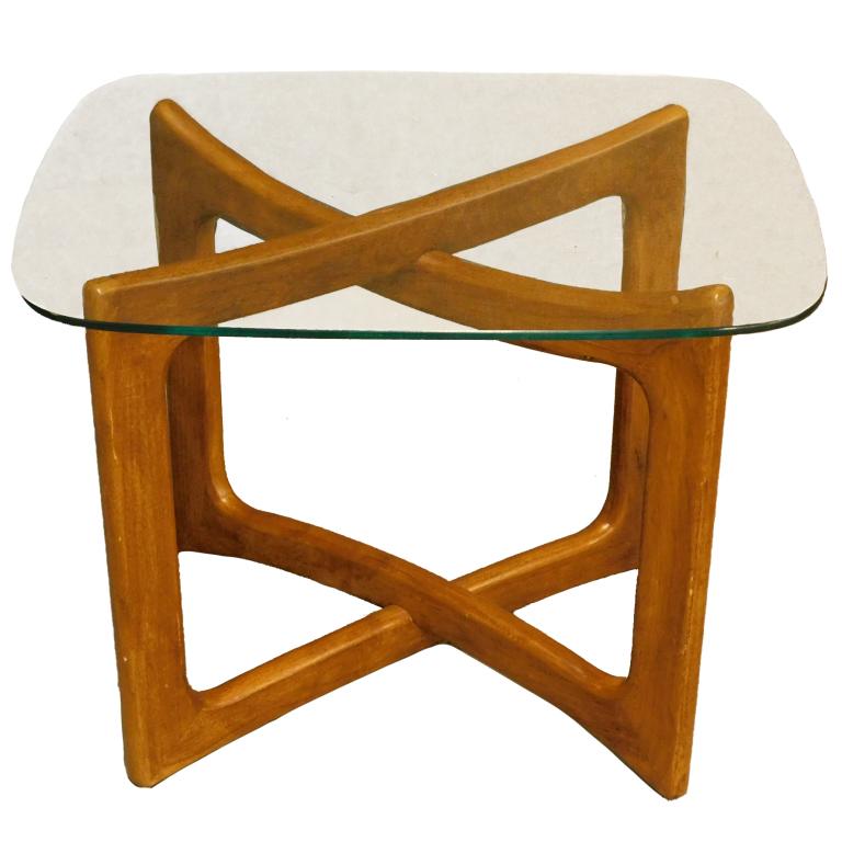 Adrian Pearsall MCM Carved Wood Side Table: Adrian PearsallNew York,1925-2011 Square glass table top over intertwining pierced wood legs.Glass, wood,Glass 21 3/4" t x 28" w x 22" d,Base 21 1/2" t x 16 1/2" wFrom the collection of a North Scitua
