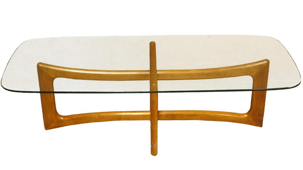Adrian Pearsall MCM Carved Wood Coffee Table: Adrian PearsallNew York,1925-2011 Rectangular glass top over intertwining pierced legs.Glass, wood,Glass 15" t x 52" w x 23 1/2" d,Base 14 3/4" t x42 1/4" w x 18 1/4" dFrom the collection of a North S