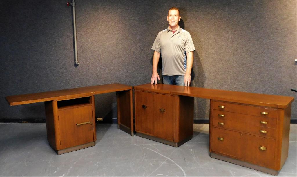 Stow and Davis MCM Modular Wood Desk Unit: United States,20th Century Two rectangular top tables, one over one door, and one over two doors and four drawers with brass hardware.Wood,Desk 29" t x 76" w x 18" d,Cadenza 29" t x 63" w x 18" dMarke