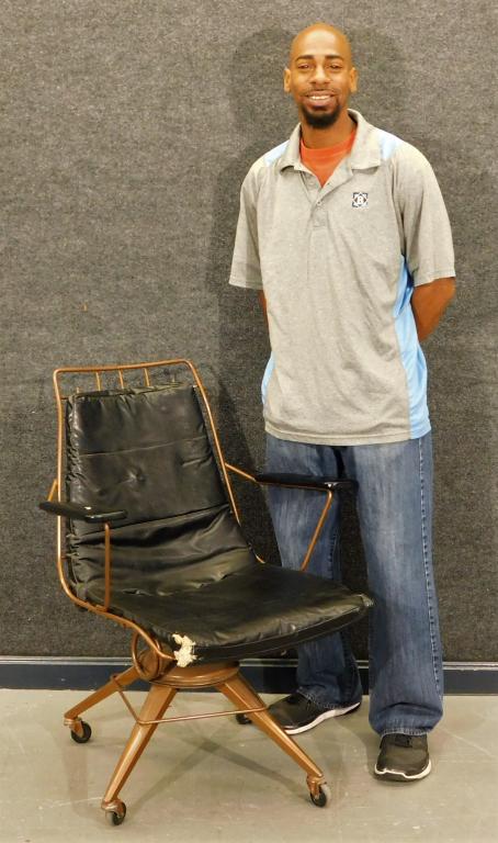 MCM Space Age Copper Finish Leather Office Chair: United States,20th Centuryy Framed wire office chair with coppery finish with black leather cushion on four flared legs with castor wheels.Iron, leather,36" t x 27 1/2" w x 24 1/2" d,Seat height 18 1/