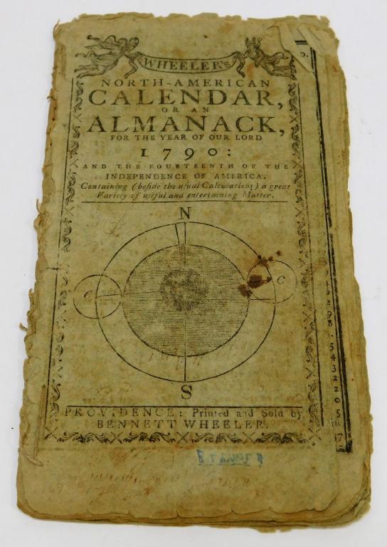 1790 North American Calendar Rhode Island Almanac: Rhode Island,1790 Printed by Bennett Wheeler and decorated with a compass rose, features faint handwritten notes and astrological chart. Ink, paper,6 3/4" x 3 3/4", From the collection of a Cranston, 