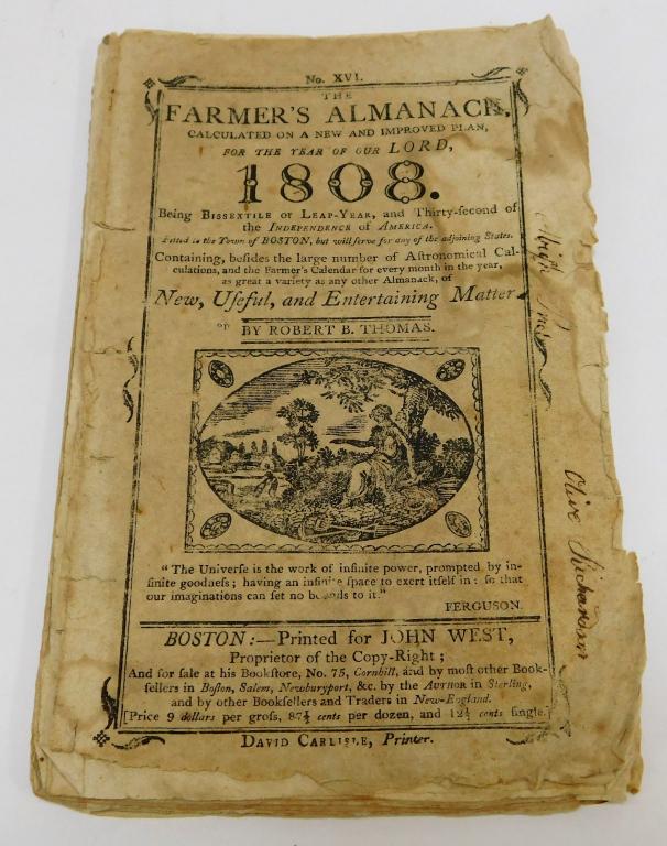 1808 Massachusetts Farmer's Almanac: Massachusetts,1808 Printed by David Carlisle for John West with entertaining matter by Robert B. Thomas and features hand written notes. Ink, paper,7 1/2" x 5", From the collection of a Cranston, Rhod
