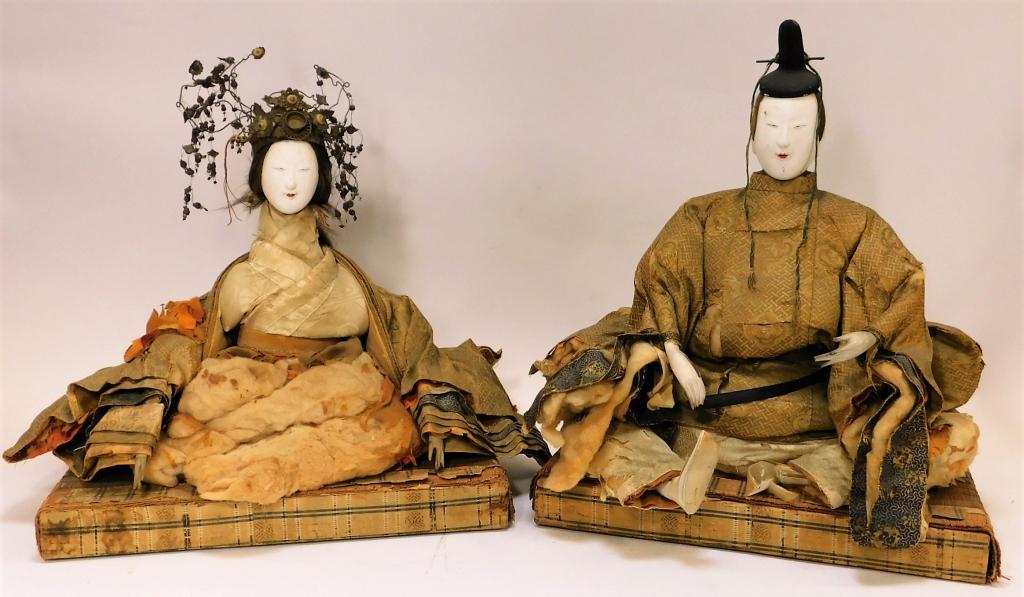 PR Antique Japanese Gofun Ningyo Wedding Dolls: Japan,Meiji Period Includes one mebina doll sporting an elaborate floral headdress and one obina doll dressed in elaborate robes. The dolls would be displayed during the Hinamatsuri festival and arran