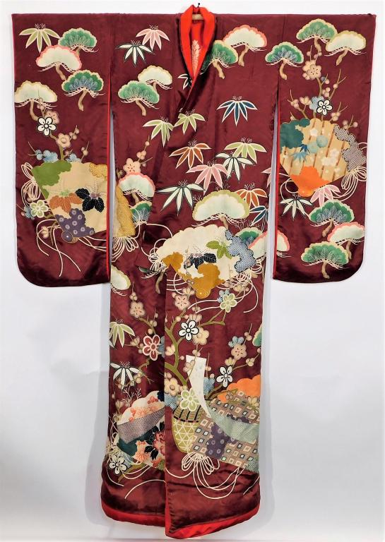 Meiji Period Maroon Painted Fans Uchikake Kimono: Japan,Circa 1910 Hand woven maroon damask silk satin kimono with large crest in the lining, stunning yuzen hand painted floral fans, and gold couching. 51" wingspan x 25" across x 69" length Silk,, Im