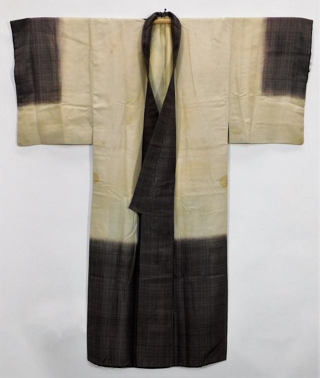 Meiji Period Men's Hand Painted Woman Kimono: Japan,Circa 1900 Hand woven white silk satin kimono with yuzen hand painted design of a geisha on the back. 47 1/2" wingspan x 22" across x 54 1/2" length Silk,, Immaculate museum quality kimono from 