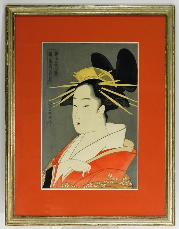 Portrait of a Geisha Woodblock Print: Japan,Meiji Period Depicts a smiling woman with an ornate hairstyle dressed in a red kimono decorated with cherry blossoms. Woodblock and color on paper,Impression area 15 1/4" x 10",Frame 23 1/4" x 1