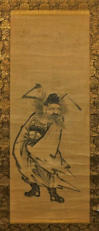 Kano School Japanese Hanging Wall Scroll: Japan,Late Edo Period Literati style painting of an elderly man with wild hair and wide eyes staring off to the side. Ink, paper, silk,Image 46" x 17",Overall 76" x 22" From the collection of Providen