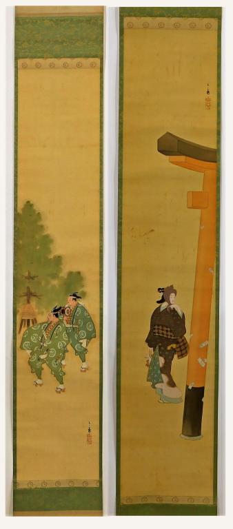 PR Japanese Hanging Wall Scrolls and Box: Japan,Meiji Period One scroll depicts two men dressed in green walking on a tree lined path with calligraphy and a collector's mark to the lower right, the other depicts a woman dressed in a purple ki