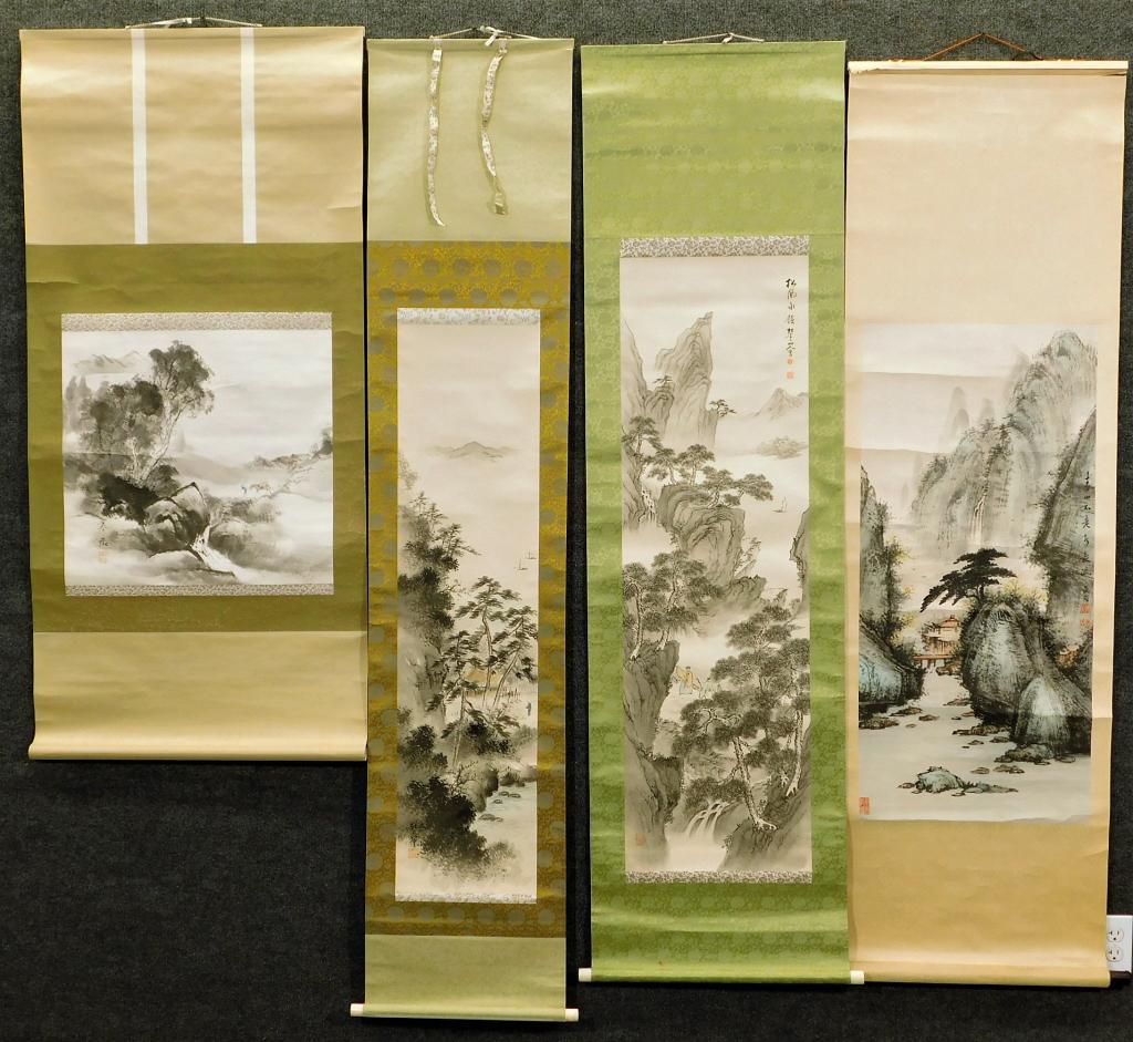 4 Japanese Landscape Hanging Wall Scrolls: Japan,Meiji Period Includes two mountain journey paintings depicting people walking through pine trees, and two mountain home paintings with rivers and and trees surrounding small buildings. All scrol