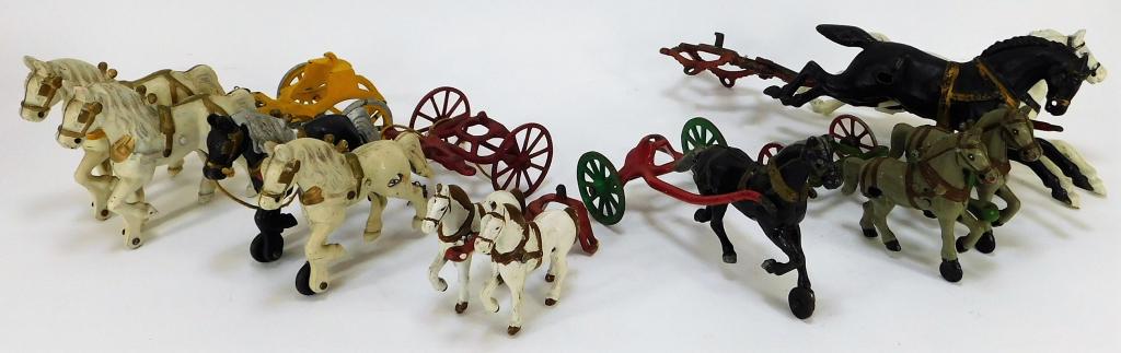 6PC Antique Cast Iron Horse Cart Attachment Group: United States,Early 20th Century Includes five sets of two teams of horses and one single pull horse, all retains most of original paint. Cast Iron,Smallest 3 3/4" t x 2 1/2" w x 5 1/2" d,Largest 5 1/
