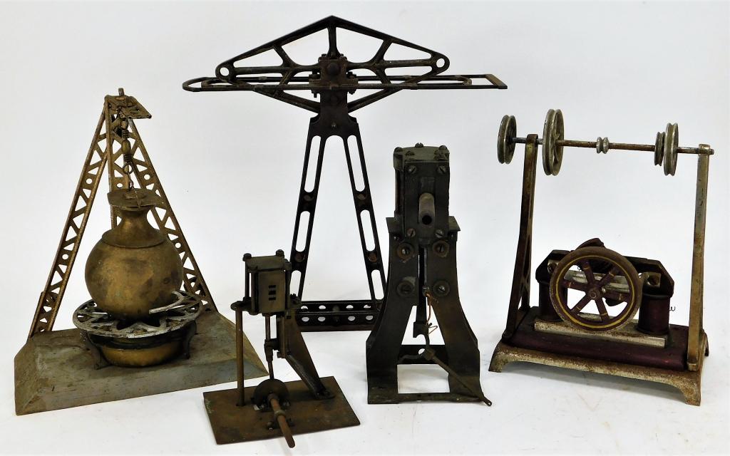 5PC Assorted American Steam Engine and Motor Parts: United States,Early 20th Century Includes one Houch engine with hanging boiler with burner, two connector pipes, one walking beam missing pumps, and one Weeden No. 107 motor, all with oxidation, losse