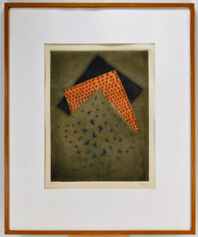 Arthur Luiz Piza Modern Abstract Intaglio Etching: Brazil, France,1928-2017 Arthur Luiz Piza Untitled geometric etching of three staggered squares, edition 63 of 99. Etching on paper,Impression area 15 1/4" x 11 1/4",Frame 27" x 22" Signed "Piza" in p