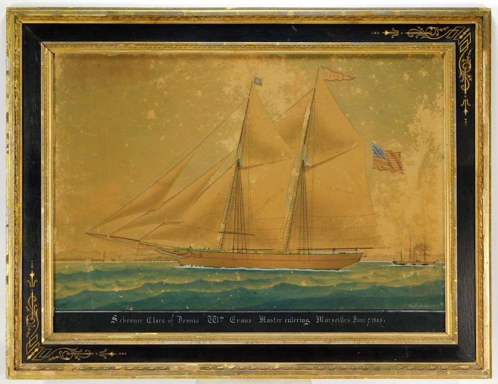 19C. Paul Soulie Schooner Clara Dennis WC Painting: France,19th Century Paul Soulie Depicts the profile of a large sailing vessel waving the American flag, beneath the image reads "Schooner Clara Dennis WM Evans Master Entering Marseilles Aug 7, 1855."