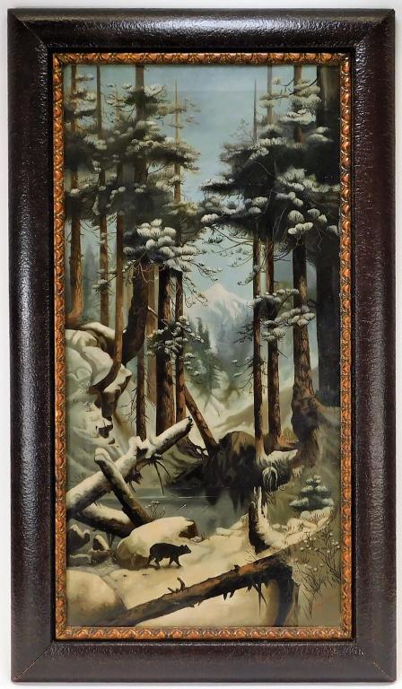 Nellie Richards Winter Forest Landscape Painting: California,Late 19th-Early 20th Century Nellie Richards Impressionist snow covered pine trees framing a mountain peak in the distance. Oil on canvas,Canvas 36" x 18",Frame 42 3/4" x 24 1/2" Signed "Ne