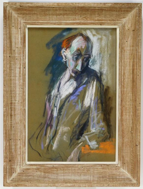 Arnold Hoffmann Impressionist Portrait Drawing: United States, Russia,1886-1966 Arnold Hoffmann Depicts a somber man with fiery red hair gazing to the side against a rich blue background. Pastel on paper,Sight 20 1/2" x 13 1/2",Frame 27 1/2" x 20 1