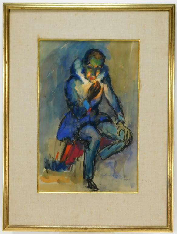 Arnold Hoffmann Impressionist Clown WC Painting: United States, Russia,1886-1966 Arnold Hoffmann Depicts a man dressed as a clown slumped on a stool lighting a cigarette, burning bright against a cool toned background. Watercolor on paper,Sight 16"