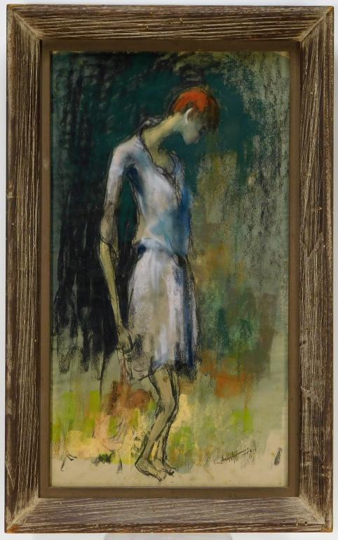 Arnold Hoffmann Impressionist Pastel Drawing: United States, Russia,1886-1966 Arnold Hoffmann Depicts a young woman with cropped red hair in a white dress strolling down a path surrounded by deep green foliage. Pastel on paper,Sight 21" x 11 1/2"