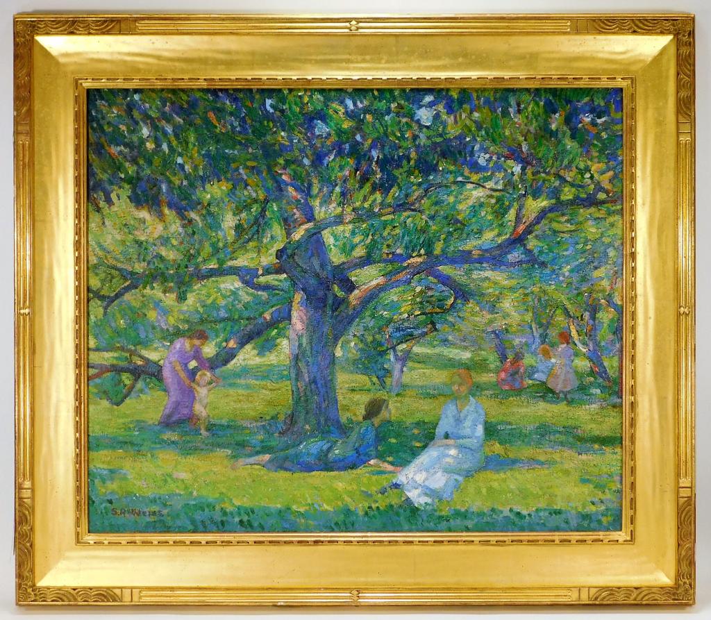 Samuel A. Weiss Summer Day Impressionist Painting: New York, Poland,1874-1918 Samuel A. Weiss Depicts groups of young women laying in the shade of trees on a bright summer day. Weiss is best known for his landscapes, including those of New England wit