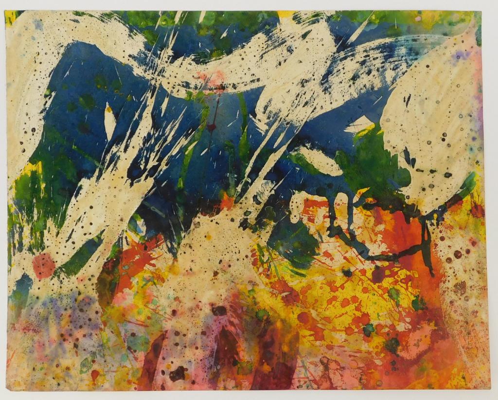 Taro Yamamoto Abstract Expressionist WC Painting: California, Connecticut, New York,1919-1994 Taro Yamamoto Untitled expressionist composition of red, yellow, orange, blue, and green layered with streaks and splatter of wax Watercolor and wax on pape