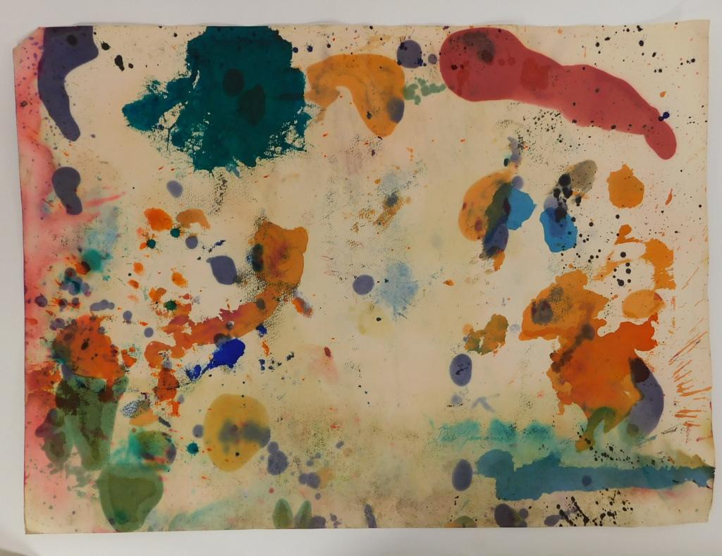 Taro Yamamoto Abstract Expressionist WC Painting: California, Connecticut, New York,1919-1994 Taro Yamamoto Untitled expressionist composition of teal, blue, red, orange, and pink layered on top of each other. Watercolor on paper,21 3/4" x 29 3/4", S