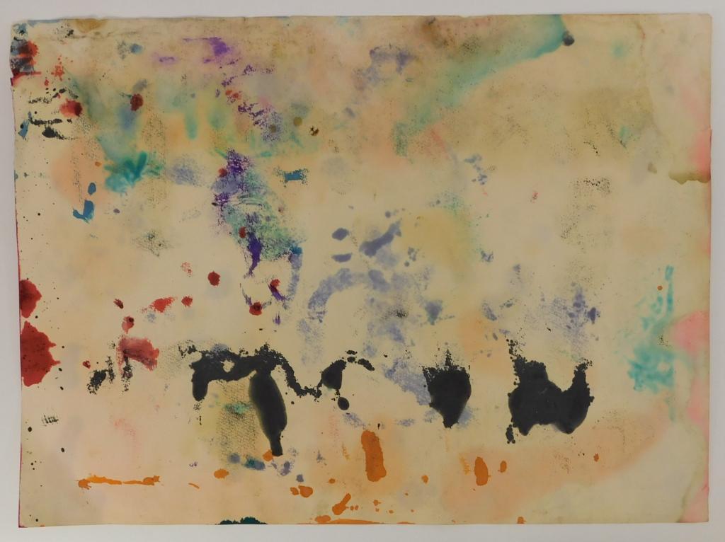 Taro Yamamoto Abstract Expressionist WC Painting: California, Connecticut, New York,1919-1994 Taro Yamamoto Untitled expressionist composition of teal, blue, black, and purple splattered across the page. Watercolor on paper,21 3/4" x 29 5/8", Origina