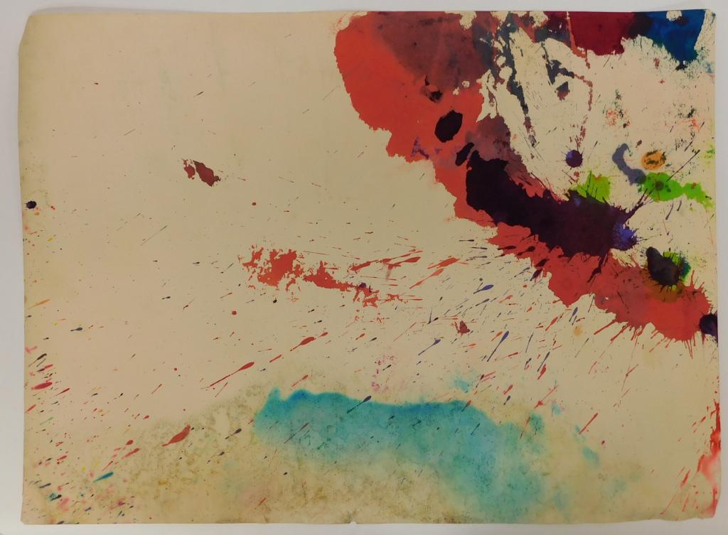 Taro Yamamoto Abstract Expressionist WC Painting: California, Connecticut, New York,1919-1994 Taro Yamamoto Untitled expressionist composition of vibrant green, teal, red, and purple splatter concentrated around the upper right corner. Watercolor on 